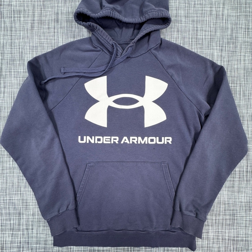 Under Armour Hoodie Mens Medium Blue Loose Fit Cotton Blend Big Logo Pullover